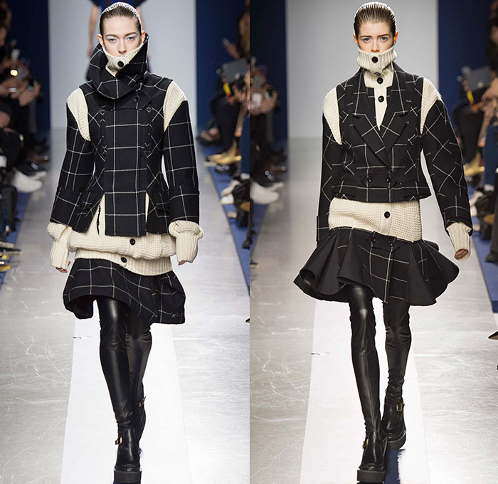 Sacai by Chitose Abe 2015-2016 Fall Autumn Winter Womens Runway Catwalk Looks - Mode à Paris Fashion Week Mode Féminin France - Oversized Furry  Outerwear Coatdress Accordion Pleats Chunky Knit Fringes Skirt Frock Shearling Quilted Turtleneck Ribbed Moto Motorcycle Biker Leather Parka Crochet Vest Waistcoat Jacket Shirtdress Culottes Sweater Straps Sweaterdress Snowflakes Windowpane Check Ethnic Tribal Stripes