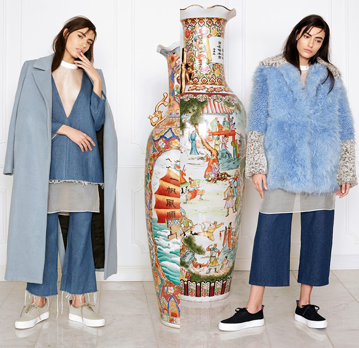 Sandy Liang 2015-2016 Fall Autumn Winter Womens Lookbook Presentation - New York Fashion Week NYFW - Denim Jeans Frayed Raw Hem Outerwear Coat Furry Sheer Chiffon Tulle Wide Leg Palazzo Pants Motorcycle Biker Rider Quilted Puffer Jacket Parka Sneakers Pants Trousers Quilted Hoodie Skirt Frock Coatdress Jacquard