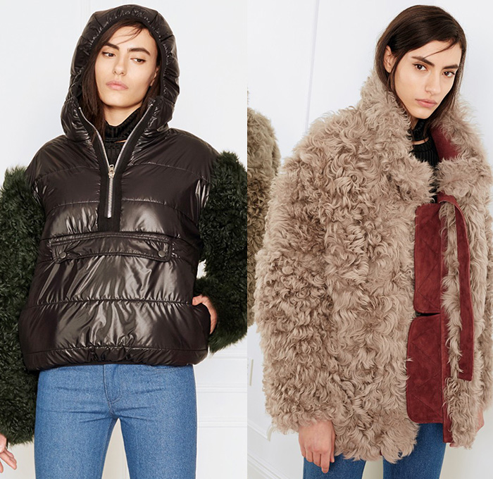 Sandy Liang 2015-2016 Fall Autumn Winter Womens Lookbook Presentation - New York Fashion Week NYFW - Denim Jeans Frayed Raw Hem Outerwear Coat Furry Sheer Chiffon Tulle Wide Leg Palazzo Pants Motorcycle Biker Rider Quilted Puffer Jacket Parka Sneakers Pants Trousers Quilted Hoodie Skirt Frock Coatdress Jacquard
