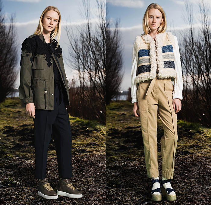 Sea New York 2015-2016 Fall Autumn Winter Womens Lookbook Presentation - New York Fashion Week NYFW - Daisies Flowers Florals Print Denim Mom Jeans Mesh Lace Stripes Racing Checks Shirtdress Jumpsuit Embroidery Shearling Vest Waistcoat Popover Crepe Perforated Blouse Outerwear Coat Kimono Onesie Jumpsuit Coveralls Playsuit Parka Wide Leg Palazzo Pants Turtleneck Pinafore Dress