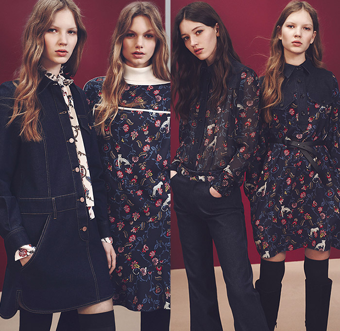 See by Chloé Paris 2015-2016 Fall Autumn Winter Womens Lookbook Presentation - New York Fashion Week NYFW -  Denim Jeans Flare 1970s Seventies Flowers Florals Print Shirtdress Turtleneck Knit Sweater Jumper Cape Hanging Sleeve Shawl Poncho Patchwork Mesh Pussy-Bow Blouse Poplin Mohair Thigh High Cardigan Shorts Outerwear Embroidery Tartan Plaid Skirt Frock Maxi Dress