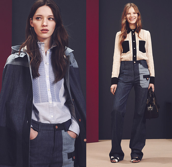 See by Chloé Paris 2015-2016 Fall Autumn Winter Womens Lookbook Presentation - New York Fashion Week NYFW -  Denim Jeans Flare 1970s Seventies Flowers Florals Print Shirtdress Turtleneck Knit Sweater Jumper Cape Hanging Sleeve Shawl Poncho Patchwork Mesh Pussy-Bow Blouse Poplin Mohair Thigh High Cardigan Shorts Outerwear Embroidery Tartan Plaid Skirt Frock Maxi Dress