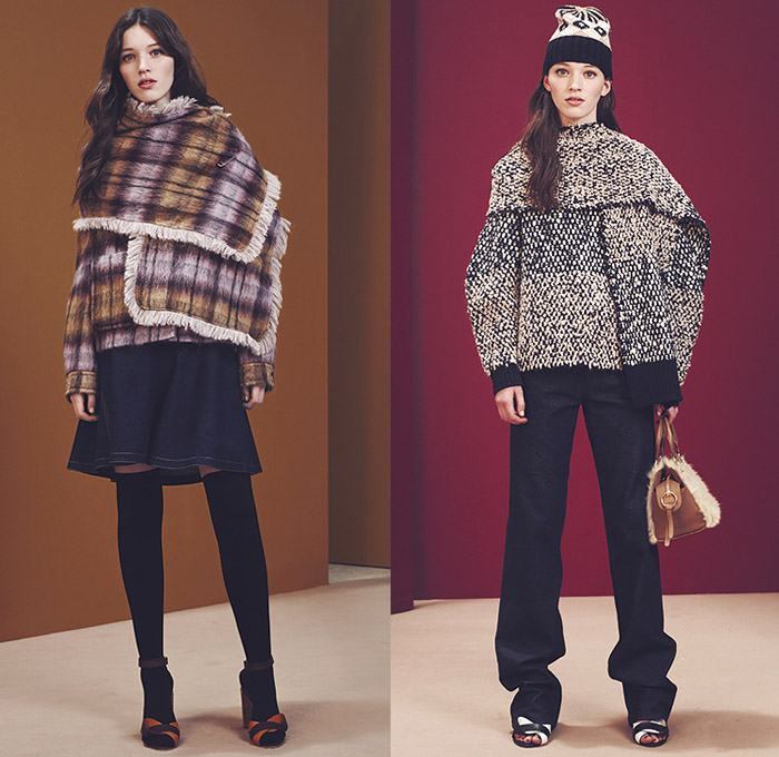 See by Chloé Paris 2015-2016 Fall Autumn Winter Womens Lookbook Presentation - New York Fashion Week NYFW -  Denim Jeans Flare 1970s Seventies Flowers Florals Print Shirtdress Turtleneck Knit Sweater Jumper Cape Hanging Sleeve Shawl Poncho Patchwork Mesh Pussy-Bow Blouse Poplin Mohair Thigh High Cardigan Shorts Outerwear Embroidery Tartan Plaid Skirt Frock Maxi Dress