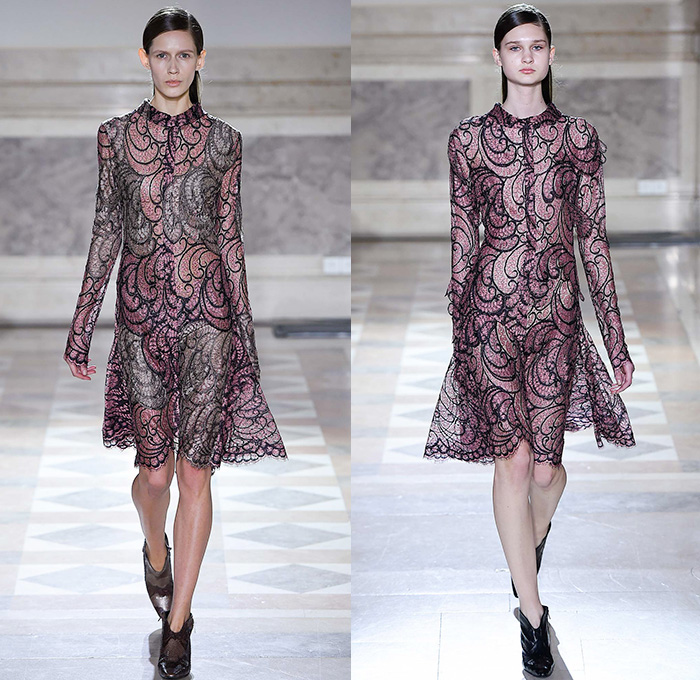 Sharon Wauchob 2015-2016 Fall Autumn Winter Womens Runway Catwalk Looks - Mode à Paris Fashion Week Mode Féminin France - Lace Embroidery Dress Ruffles Furry Shaggy Outerwear Coat Blazer Leopard Shirtdress Sheer Chiffon Lace Blouse Long Sleeve Skirt Frock Maxi Dress Tiered Silk Links Coatdress Oversized Calfskin Suede Clouds Print Pattern