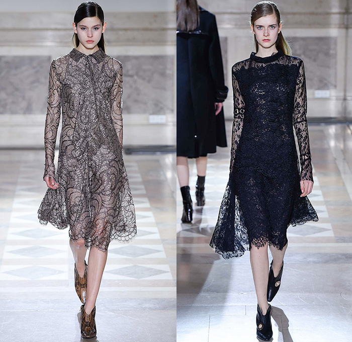 Sharon Wauchob 2015-2016 Fall Autumn Winter Womens Runway Catwalk Looks - Mode à Paris Fashion Week Mode Féminin France - Lace Embroidery Dress Ruffles Furry Shaggy Outerwear Coat Blazer Leopard Shirtdress Sheer Chiffon Lace Blouse Long Sleeve Skirt Frock Maxi Dress Tiered Silk Links Coatdress Oversized Calfskin Suede Clouds Print Pattern