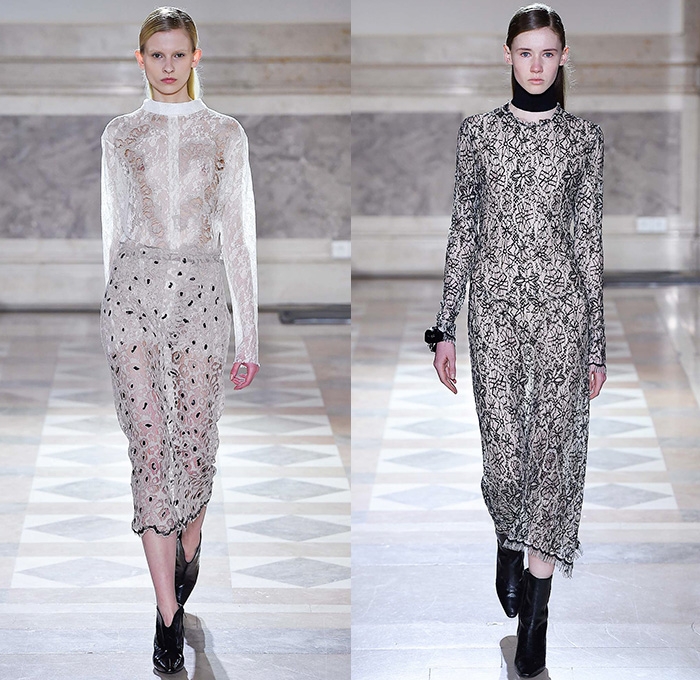 Sharon Wauchob 2015-2016 Fall Autumn Winter Womens Runway Catwalk Looks - Mode à Paris Fashion Week Mode Féminin France - Lace Embroidery Dress Ruffles Furry Shaggy Outerwear Coat Blazer Leopard Shirtdress Sheer Chiffon Lace Blouse Long Sleeve Skirt Frock Maxi Dress Tiered Silk Links Coatdress Oversized Calfskin Suede Clouds Print Pattern