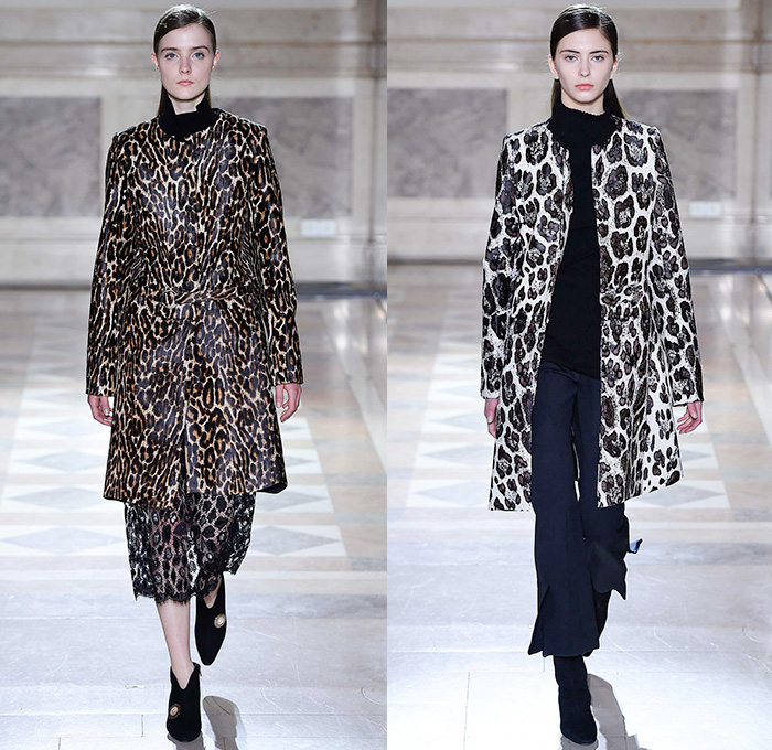 Sharon Wauchob 2015-2016 Fall Autumn Winter Womens Runway Catwalk Looks - Mode à Paris Fashion Week Mode Féminin France - Lace Embroidery Dress Ruffles Furry Shaggy Outerwear Coat Blazer Leopard Shirtdress Sheer Chiffon Lace Blouse Long Sleeve Skirt Frock Maxi Dress Tiered Silk Links Coatdress Oversized Calfskin Suede Clouds Print Pattern