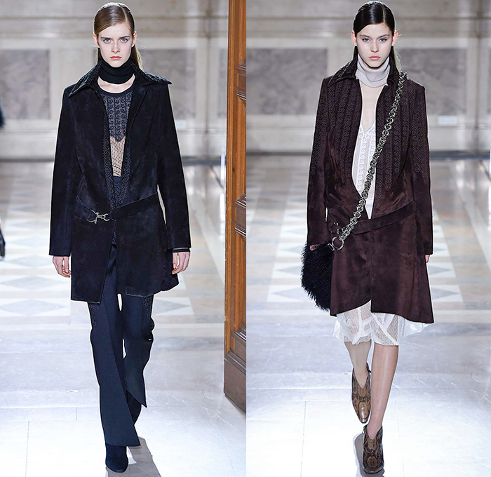 Sharon Wauchob 2015-2016 Fall Autumn Winter Womens Runway Catwalk Looks - Mode à Paris Fashion Week Mode Féminin France - Lace Embroidery Dress Ruffles Furry Shaggy Outerwear Coat Blazer Leopard Shirtdress Sheer Chiffon Lace Blouse Long Sleeve Skirt Frock Maxi Dress Tiered Silk Links Coatdress Oversized Calfskin Suede Clouds Print Pattern