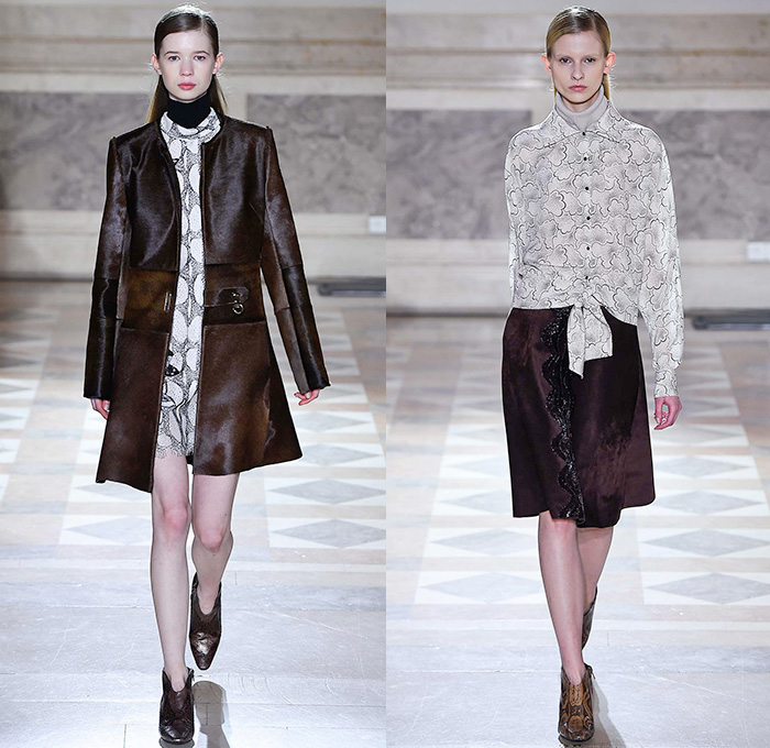 Sharon Wauchob 2015-2016 Fall Autumn Winter Womens Runway Catwalk Looks - Mode à Paris Fashion Week Mode Féminin France - Lace Embroidery Dress Ruffles Furry Shaggy Outerwear Coat Blazer Leopard Shirtdress Sheer Chiffon Lace Blouse Long Sleeve Skirt Frock Maxi Dress Tiered Silk Links Coatdress Oversized Calfskin Suede Clouds Print Pattern