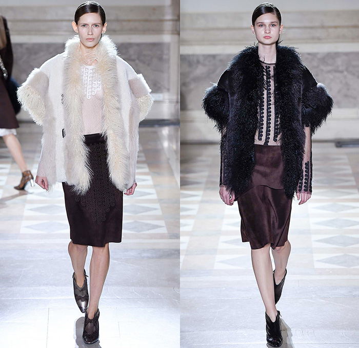 Sharon Wauchob 2015-2016 Fall Autumn Winter Womens Runway Catwalk Looks - Mode à Paris Fashion Week Mode Féminin France - Lace Embroidery Dress Ruffles Furry Shaggy Outerwear Coat Blazer Leopard Shirtdress Sheer Chiffon Lace Blouse Long Sleeve Skirt Frock Maxi Dress Tiered Silk Links Coatdress Oversized Calfskin Suede Clouds Print Pattern