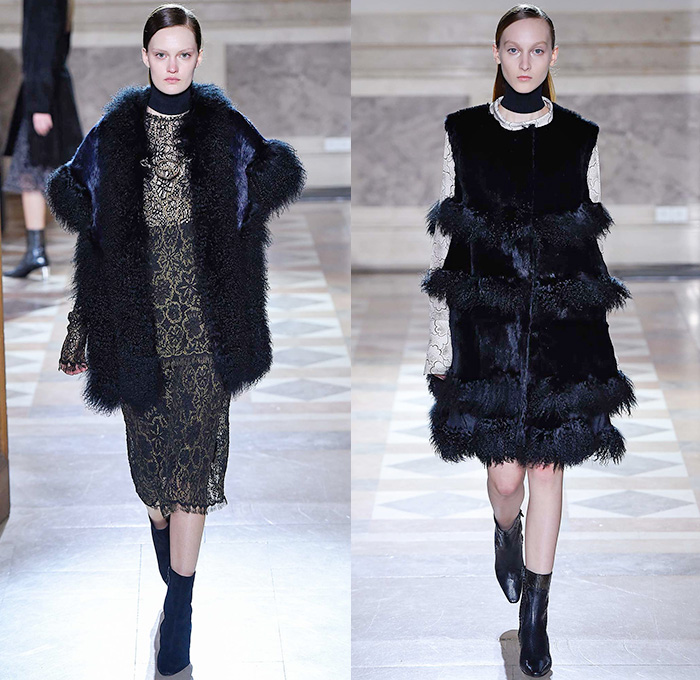 Sharon Wauchob 2015-2016 Fall Autumn Winter Womens Runway Catwalk Looks - Mode à Paris Fashion Week Mode Féminin France - Lace Embroidery Dress Ruffles Furry Shaggy Outerwear Coat Blazer Leopard Shirtdress Sheer Chiffon Lace Blouse Long Sleeve Skirt Frock Maxi Dress Tiered Silk Links Coatdress Oversized Calfskin Suede Clouds Print Pattern