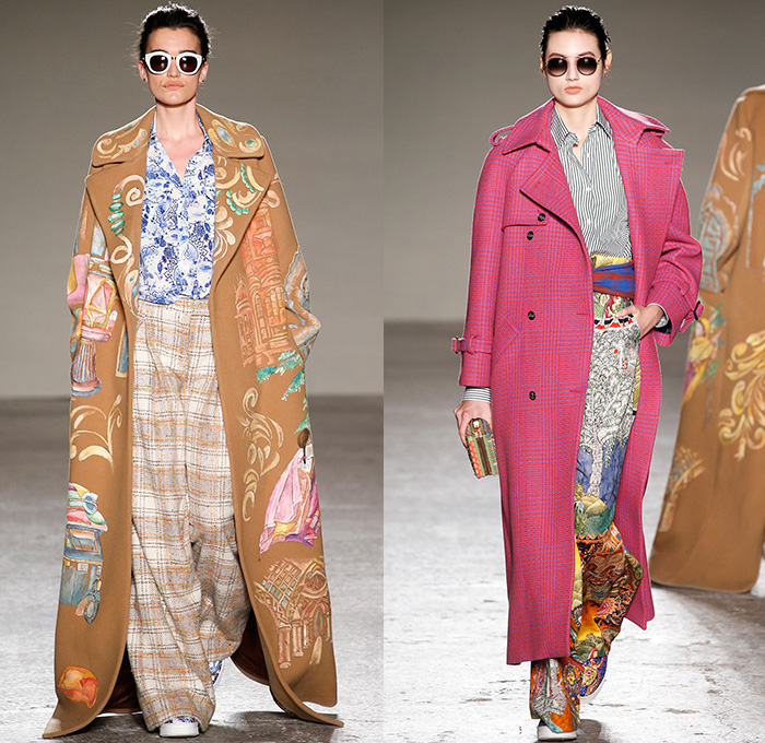 Stella Jean 2015-2016 Fall Autumn Winter Womens Runway Catwalk Looks - Milano Moda Donna Collezione Milan Fashion Week Italy - Oversized Outerwear Coat Ornamental Print Decorative Art Tribal Ethnic Illustrations Plaid Tartan Bell Skirt Leopard Pom Poms Wide Leg Trousers Palazzo Pants Blouse Checkerboard Skirt Frock Maxi Dress Onesie Jumpsuit Embroidery 3D Embellishments Robe Silk Furry Knit