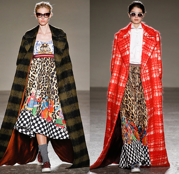 Stella Jean 2015-2016 Fall Autumn Winter Womens Runway Catwalk Looks - Milano Moda Donna Collezione Milan Fashion Week Italy - Oversized Outerwear Coat Ornamental Print Decorative Art Tribal Ethnic Illustrations Plaid Tartan Bell Skirt Leopard Pom Poms Wide Leg Trousers Palazzo Pants Blouse Checkerboard Skirt Frock Maxi Dress Onesie Jumpsuit Embroidery 3D Embellishments Robe Silk Furry Knit