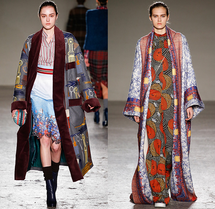 Stella Jean 2015-2016 Fall Autumn Winter Womens Runway Catwalk Looks - Milano Moda Donna Collezione Milan Fashion Week Italy - Oversized Outerwear Coat Ornamental Print Decorative Art Tribal Ethnic Illustrations Plaid Tartan Bell Skirt Leopard Pom Poms Wide Leg Trousers Palazzo Pants Blouse Checkerboard Skirt Frock Maxi Dress Onesie Jumpsuit Embroidery 3D Embellishments Robe Silk Furry Knit