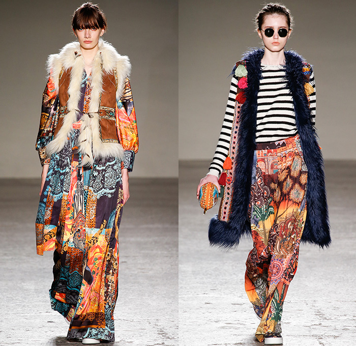 Stella Jean 2015-2016 Fall Autumn Winter Womens Runway Catwalk Looks - Milano Moda Donna Collezione Milan Fashion Week Italy - Oversized Outerwear Coat Ornamental Print Decorative Art Tribal Ethnic Illustrations Plaid Tartan Bell Skirt Leopard Pom Poms Wide Leg Trousers Palazzo Pants Blouse Checkerboard Skirt Frock Maxi Dress Onesie Jumpsuit Embroidery 3D Embellishments Robe Silk Furry Knit