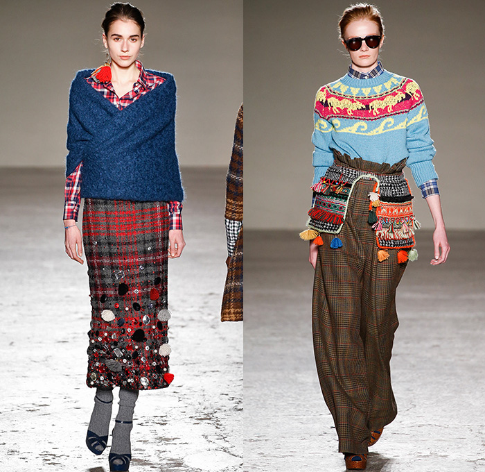 Stella Jean 2015-2016 Fall Autumn Winter Womens Runway Catwalk Looks - Milano Moda Donna Collezione Milan Fashion Week Italy - Oversized Outerwear Coat Ornamental Print Decorative Art Tribal Ethnic Illustrations Plaid Tartan Bell Skirt Leopard Pom Poms Wide Leg Trousers Palazzo Pants Blouse Checkerboard Skirt Frock Maxi Dress Onesie Jumpsuit Embroidery 3D Embellishments Robe Silk Furry Knit