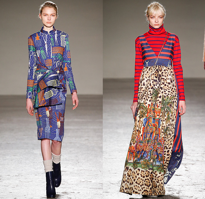 Stella Jean 2015-2016 Fall Autumn Winter Womens Runway Catwalk Looks - Milano Moda Donna Collezione Milan Fashion Week Italy - Oversized Outerwear Coat Ornamental Print Decorative Art Tribal Ethnic Illustrations Plaid Tartan Bell Skirt Leopard Pom Poms Wide Leg Trousers Palazzo Pants Blouse Checkerboard Skirt Frock Maxi Dress Onesie Jumpsuit Embroidery 3D Embellishments Robe Silk Furry Knit