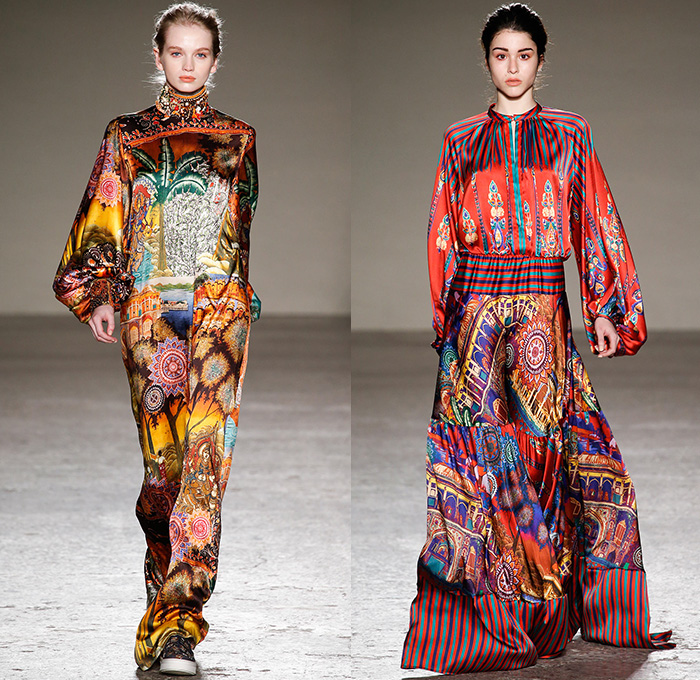 Stella Jean 2015-2016 Fall Autumn Winter Womens Runway Catwalk Looks - Milano Moda Donna Collezione Milan Fashion Week Italy - Oversized Outerwear Coat Ornamental Print Decorative Art Tribal Ethnic Illustrations Plaid Tartan Bell Skirt Leopard Pom Poms Wide Leg Trousers Palazzo Pants Blouse Checkerboard Skirt Frock Maxi Dress Onesie Jumpsuit Embroidery 3D Embellishments Robe Silk Furry Knit