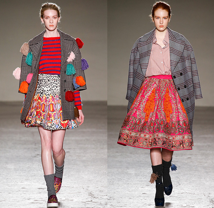 Stella Jean 2015-2016 Fall Autumn Winter Womens Runway Catwalk Looks - Milano Moda Donna Collezione Milan Fashion Week Italy - Oversized Outerwear Coat Ornamental Print Decorative Art Tribal Ethnic Illustrations Plaid Tartan Bell Skirt Leopard Pom Poms Wide Leg Trousers Palazzo Pants Blouse Checkerboard Skirt Frock Maxi Dress Onesie Jumpsuit Embroidery 3D Embellishments Robe Silk Furry Knit