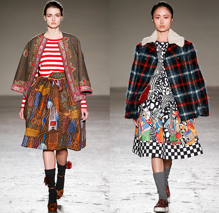 Stella Jean 2015-2016 Fall Autumn Winter Womens Runway Catwalk Looks - Milano Moda Donna Collezione Milan Fashion Week Italy - Oversized Outerwear Coat Ornamental Print Decorative Art Tribal Ethnic Illustrations Plaid Tartan Bell Skirt Leopard Pom Poms Wide Leg Trousers Palazzo Pants Blouse Checkerboard Skirt Frock Maxi Dress Onesie Jumpsuit Embroidery 3D Embellishments Robe Silk Furry Knit