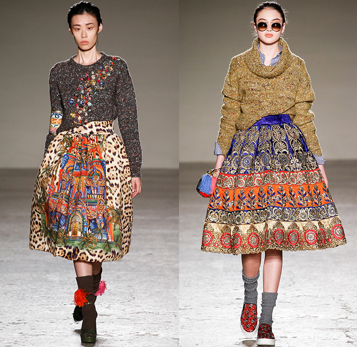 Stella Jean 2015-2016 Fall Autumn Winter Womens Runway Catwalk Looks - Milano Moda Donna Collezione Milan Fashion Week Italy - Oversized Outerwear Coat Ornamental Print Decorative Art Tribal Ethnic Illustrations Plaid Tartan Bell Skirt Leopard Pom Poms Wide Leg Trousers Palazzo Pants Blouse Checkerboard Skirt Frock Maxi Dress Onesie Jumpsuit Embroidery 3D Embellishments Robe Silk Furry Knit