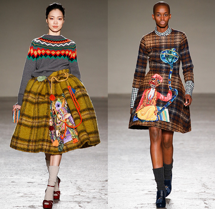 Stella Jean 2015-2016 Fall Autumn Winter Womens Runway Catwalk Looks - Milano Moda Donna Collezione Milan Fashion Week Italy - Oversized Outerwear Coat Ornamental Print Decorative Art Tribal Ethnic Illustrations Plaid Tartan Bell Skirt Leopard Pom Poms Wide Leg Trousers Palazzo Pants Blouse Checkerboard Skirt Frock Maxi Dress Onesie Jumpsuit Embroidery 3D Embellishments Robe Silk Furry Knit