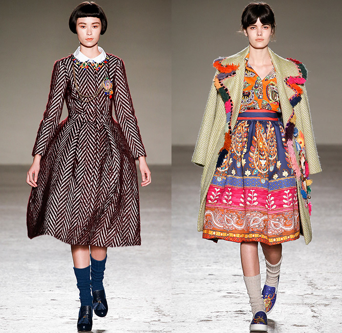 Stella Jean 2015-2016 Fall Autumn Winter Womens Runway Catwalk Looks - Milano Moda Donna Collezione Milan Fashion Week Italy - Oversized Outerwear Coat Ornamental Print Decorative Art Tribal Ethnic Illustrations Plaid Tartan Bell Skirt Leopard Pom Poms Wide Leg Trousers Palazzo Pants Blouse Checkerboard Skirt Frock Maxi Dress Onesie Jumpsuit Embroidery 3D Embellishments Robe Silk Furry Knit