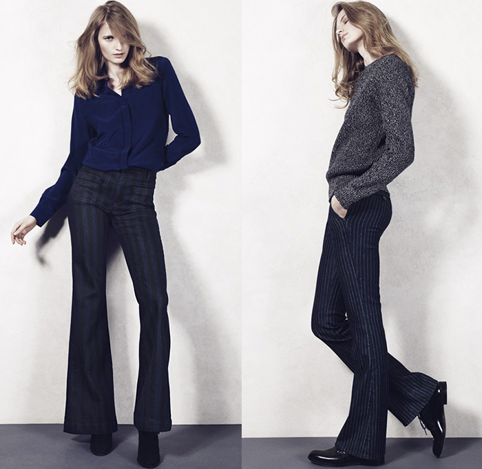 The Seafarer New York 2015-2016 Fall Autumn Winter Womens Lookbook Presentation - Denim Jeans Bell Bottom 1970s Seventies Flare Tuxedo Stripe Knit Sweater Sailor Pants Trousers Rock Hippie Bohemian Boho Chic Blouse Long Sleeve Jumper Pullover Stains Paint Loafers Slouchy Tapered Turtleneck