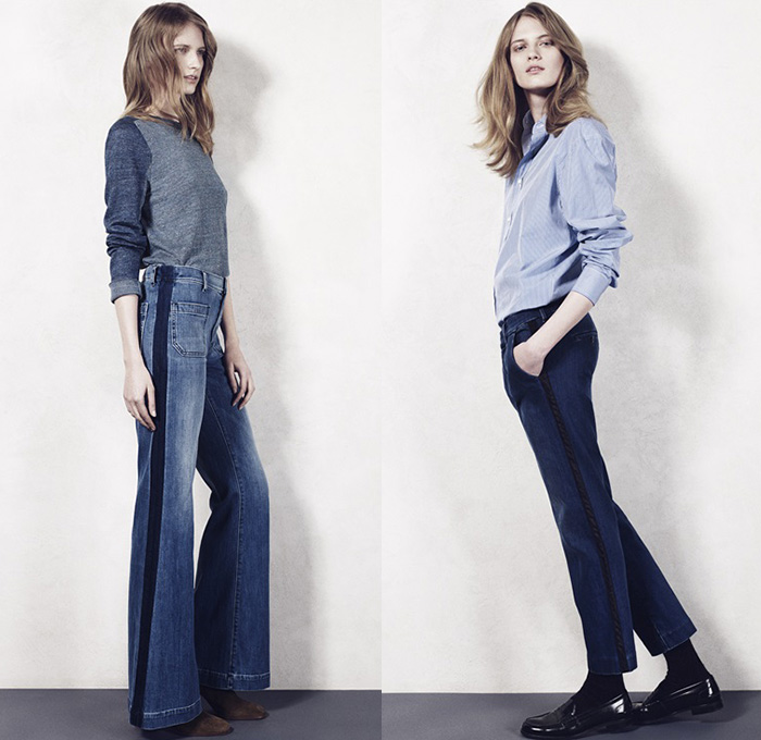 The Seafarer New York 2015-2016 Fall Autumn Winter Womens Lookbook Presentation - Denim Jeans Bell Bottom 1970s Seventies Flare Tuxedo Stripe Knit Sweater Sailor Pants Trousers Rock Hippie Bohemian Boho Chic Blouse Long Sleeve Jumper Pullover Stains Paint Loafers Slouchy Tapered Turtleneck