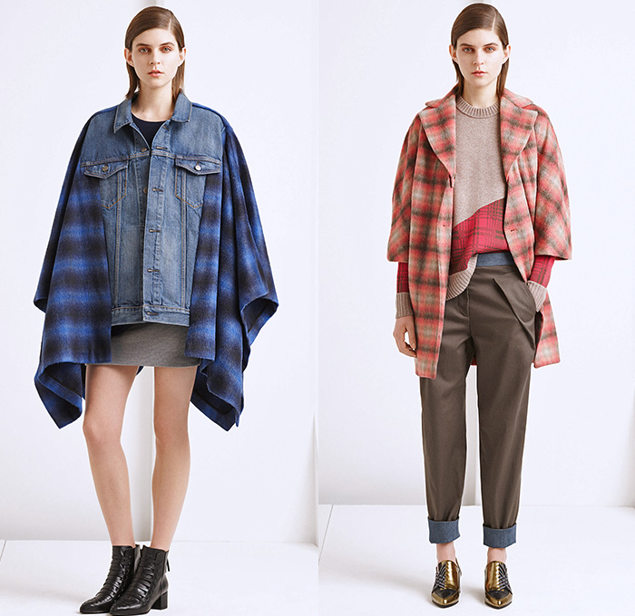 Thakoon Addition 2015-2016 Fall Autumn Winter Womens Lookbook Presentation - New York Fashion Week NYFW - Denim Jeans Plaid Tartan Chunky Knit Sweater Jumper Fringes Windowpane Check Lace Wrap Trucker Jacket Poncho Cape Cloak Miniskirt Outerwear Coat Pants Trousers Blouse Long Shirt Patchwork Stripes Ornamental Print Boots Cardigan Embroidery Tie Up Flowers Florals Animal Spots Wool Furry