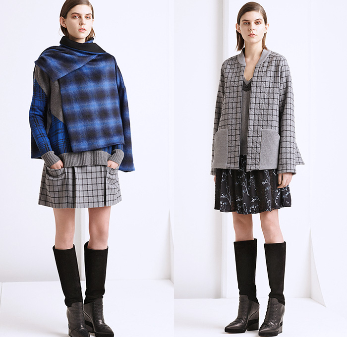 Thakoon Addition 2015-2016 Fall Autumn Winter Womens Lookbook Presentation - New York Fashion Week NYFW - Denim Jeans Plaid Tartan Chunky Knit Sweater Jumper Fringes Windowpane Check Lace Wrap Trucker Jacket Poncho Cape Cloak Miniskirt Outerwear Coat Pants Trousers Blouse Long Shirt Patchwork Stripes Ornamental Print Boots Cardigan Embroidery Tie Up Flowers Florals Animal Spots Wool Furry