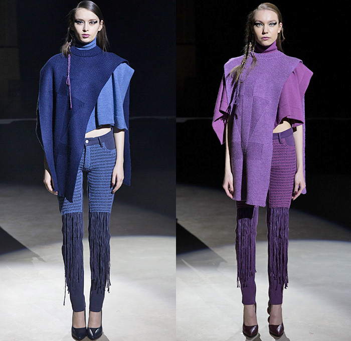 Timur Kim 2015-2016 Fall Autumn Winter Womens Lookbook Presentation - London Fashion Week British UK United Kingdom - Denim Jeans Patchwork Fringes Asymmetrical Hem Ribbed Shawl Crop Top Midriff Skirt Frock Knit Weave Sweater Jumper Tank Top Boots Arm Warmers Headwear Outerwear Jacket Knee Panels Dress Wide Leg Palazzo Pants Trousers Violet Blue