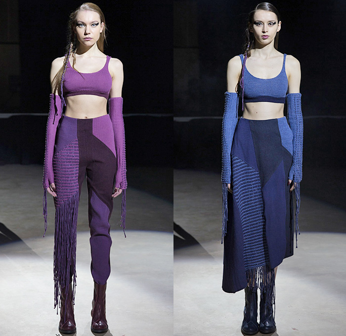 Timur Kim 2015-2016 Fall Autumn Winter Womens Lookbook Presentation - London Fashion Week British UK United Kingdom - Denim Jeans Patchwork Fringes Asymmetrical Hem Ribbed Shawl Crop Top Midriff Skirt Frock Knit Weave Sweater Jumper Tank Top Boots Arm Warmers Headwear Outerwear Jacket Knee Panels Dress Wide Leg Palazzo Pants Trousers Violet Blue