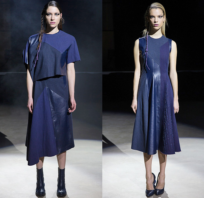 Timur Kim 2015-2016 Fall Autumn Winter Womens Lookbook Presentation - London Fashion Week British UK United Kingdom - Denim Jeans Patchwork Fringes Asymmetrical Hem Ribbed Shawl Crop Top Midriff Skirt Frock Knit Weave Sweater Jumper Tank Top Boots Arm Warmers Headwear Outerwear Jacket Knee Panels Dress Wide Leg Palazzo Pants Trousers Violet Blue