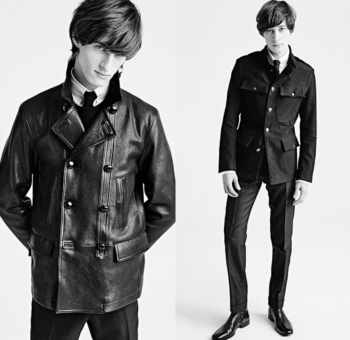 Tom Ford 2015-2016 Fall Autumn Winter Mens Lookbook Presentation - London Collections: Men British Fashion Council UK United Kingdom - Mod 1960s Sixties Denim Jeans Shearling Outerwear Crombie Coat Tuxedo Jacket Suit Knit Turtleneck Leather Necktie Houndstooth Wool Slim Sweater Jumper Pants Trousers Sneakers Mohair Parka Hoodie Double Breasted Blazer Hypnotic Bowtie Circles Squares