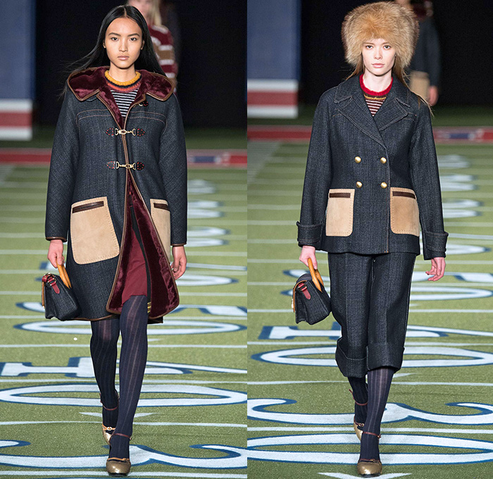 Tommy Hilfiger 2015-2016 Fall Autumn Winter Womens Runway Catwalk Looks - Mercedes-Benz Fashion Week New York MBFW NYFW - American Football Sporty Denim Jeans Furry Hat Outerwear Coat Knit Fringes Cardigan Jersey Stripes Plaid Parka Bomber Jacket Culottes Gauchos Peacoat Wide Leg Palazzo Pants Trousers Sweater Jumper Coatdress V-Neck Scarf Skirt Frock Sheer Chiffon Hanging Sleeve Cape Cloak