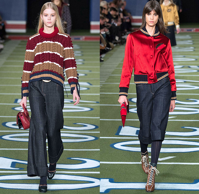 Tommy Hilfiger 2015-2016 Fall Autumn Winter Womens Runway Catwalk Looks - Mercedes-Benz Fashion Week New York MBFW NYFW - American Football Sporty Denim Jeans Furry Hat Outerwear Coat Knit Fringes Cardigan Jersey Stripes Plaid Parka Bomber Jacket Culottes Gauchos Peacoat Wide Leg Palazzo Pants Trousers Sweater Jumper Coatdress V-Neck Scarf Skirt Frock Sheer Chiffon Hanging Sleeve Cape Cloak