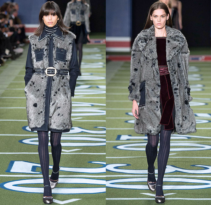 Tommy Hilfiger 2015-2016 Fall Autumn Winter Womens Runway Catwalk Looks - Mercedes-Benz Fashion Week New York MBFW NYFW - American Football Sporty Denim Jeans Furry Hat Outerwear Coat Knit Fringes Cardigan Jersey Stripes Plaid Parka Bomber Jacket Culottes Gauchos Peacoat Wide Leg Palazzo Pants Trousers Sweater Jumper Coatdress V-Neck Scarf Skirt Frock Sheer Chiffon Hanging Sleeve Cape Cloak