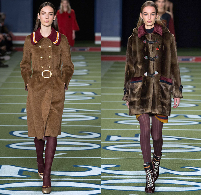 Tommy Hilfiger 2015-2016 Fall Autumn Winter Womens Runway Catwalk Looks - Mercedes-Benz Fashion Week New York MBFW NYFW - American Football Sporty Denim Jeans Furry Hat Outerwear Coat Knit Fringes Cardigan Jersey Stripes Plaid Parka Bomber Jacket Culottes Gauchos Peacoat Wide Leg Palazzo Pants Trousers Sweater Jumper Coatdress V-Neck Scarf Skirt Frock Sheer Chiffon Hanging Sleeve Cape Cloak