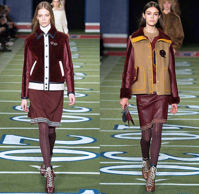 Tommy Hilfiger 2015-2016 Fall Autumn Winter Womens Runway Catwalk Looks - Mercedes-Benz Fashion Week New York MBFW NYFW - American Football Sporty Denim Jeans Furry Hat Outerwear Coat Knit Fringes Cardigan Jersey Stripes Plaid Parka Bomber Jacket Culottes Gauchos Peacoat Wide Leg Palazzo Pants Trousers Sweater Jumper Coatdress V-Neck Scarf Skirt Frock Sheer Chiffon Hanging Sleeve Cape Cloak