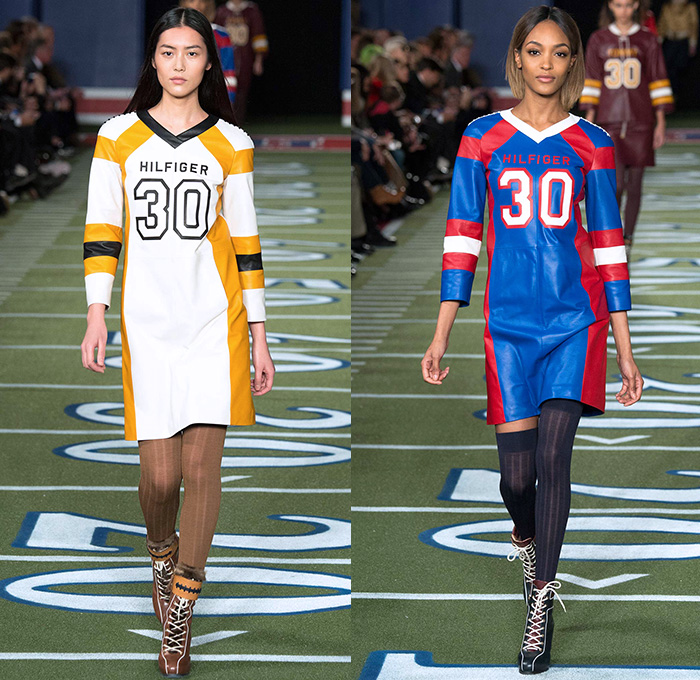 Tommy Hilfiger 2015-2016 Fall Autumn Winter Womens Runway Catwalk Looks - Mercedes-Benz Fashion Week New York MBFW NYFW - American Football Sporty Denim Jeans Furry Hat Outerwear Coat Knit Fringes Cardigan Jersey Stripes Plaid Parka Bomber Jacket Culottes Gauchos Peacoat Wide Leg Palazzo Pants Trousers Sweater Jumper Coatdress V-Neck Scarf Skirt Frock Sheer Chiffon Hanging Sleeve Cape Cloak