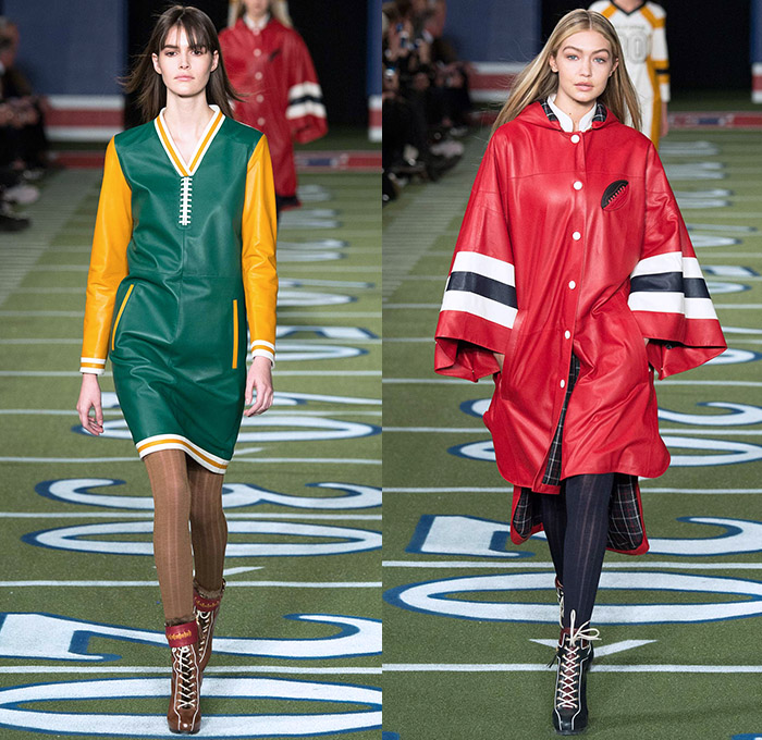 Tommy Hilfiger 2015-2016 Fall Autumn Winter Womens Runway Catwalk Looks - Mercedes-Benz Fashion Week New York MBFW NYFW - American Football Sporty Denim Jeans Furry Hat Outerwear Coat Knit Fringes Cardigan Jersey Stripes Plaid Parka Bomber Jacket Culottes Gauchos Peacoat Wide Leg Palazzo Pants Trousers Sweater Jumper Coatdress V-Neck Scarf Skirt Frock Sheer Chiffon Hanging Sleeve Cape Cloak