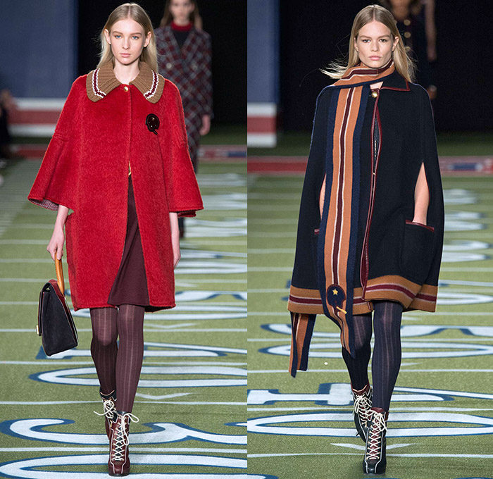 Tommy Hilfiger 2015-2016 Fall Autumn Winter Womens Runway Catwalk Looks - Mercedes-Benz Fashion Week New York MBFW NYFW - American Football Sporty Denim Jeans Furry Hat Outerwear Coat Knit Fringes Cardigan Jersey Stripes Plaid Parka Bomber Jacket Culottes Gauchos Peacoat Wide Leg Palazzo Pants Trousers Sweater Jumper Coatdress V-Neck Scarf Skirt Frock Sheer Chiffon Hanging Sleeve Cape Cloak