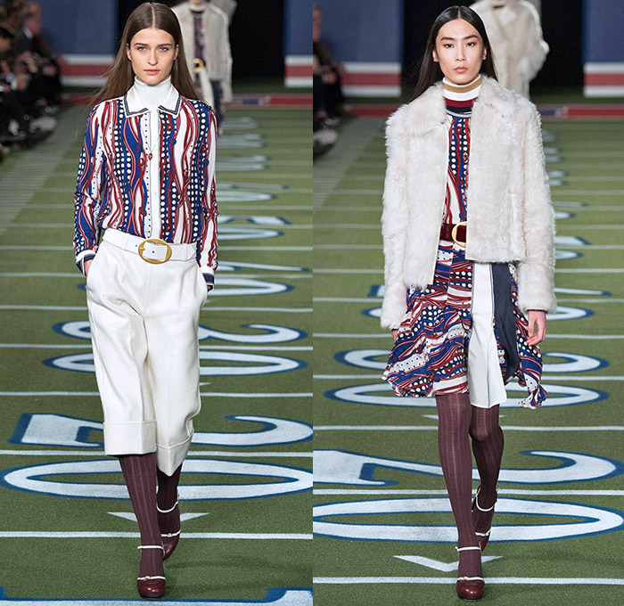 Tommy Hilfiger 2015-2016 Fall Autumn Winter Womens Runway Catwalk Looks - Mercedes-Benz Fashion Week New York MBFW NYFW - American Football Sporty Denim Jeans Furry Hat Outerwear Coat Knit Fringes Cardigan Jersey Stripes Plaid Parka Bomber Jacket Culottes Gauchos Peacoat Wide Leg Palazzo Pants Trousers Sweater Jumper Coatdress V-Neck Scarf Skirt Frock Sheer Chiffon Hanging Sleeve Cape Cloak