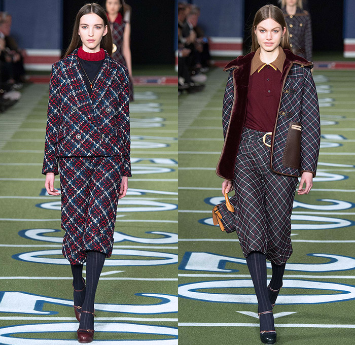 Tommy Hilfiger 2015-2016 Fall Autumn Winter Womens Runway Catwalk Looks - Mercedes-Benz Fashion Week New York MBFW NYFW - American Football Sporty Denim Jeans Furry Hat Outerwear Coat Knit Fringes Cardigan Jersey Stripes Plaid Parka Bomber Jacket Culottes Gauchos Peacoat Wide Leg Palazzo Pants Trousers Sweater Jumper Coatdress V-Neck Scarf Skirt Frock Sheer Chiffon Hanging Sleeve Cape Cloak