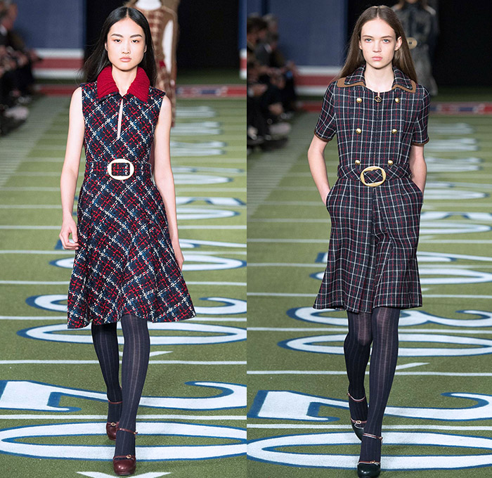 Tommy Hilfiger 2015-2016 Fall Autumn Winter Womens Runway Catwalk Looks - Mercedes-Benz Fashion Week New York MBFW NYFW - American Football Sporty Denim Jeans Furry Hat Outerwear Coat Knit Fringes Cardigan Jersey Stripes Plaid Parka Bomber Jacket Culottes Gauchos Peacoat Wide Leg Palazzo Pants Trousers Sweater Jumper Coatdress V-Neck Scarf Skirt Frock Sheer Chiffon Hanging Sleeve Cape Cloak