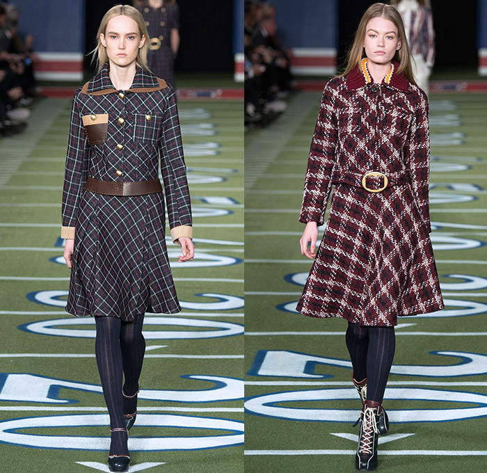 Tommy Hilfiger 2015-2016 Fall Autumn Winter Womens Runway Catwalk Looks - Mercedes-Benz Fashion Week New York MBFW NYFW - American Football Sporty Denim Jeans Furry Hat Outerwear Coat Knit Fringes Cardigan Jersey Stripes Plaid Parka Bomber Jacket Culottes Gauchos Peacoat Wide Leg Palazzo Pants Trousers Sweater Jumper Coatdress V-Neck Scarf Skirt Frock Sheer Chiffon Hanging Sleeve Cape Cloak