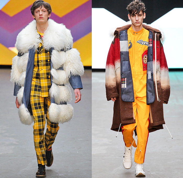 Topman Design 2015-2016 Fall Autumn Winter Mens Runway Catwalk Looks - London Collections: Men British Fashion Council UK United Kingdom - Denim Jeans 1970s Seventies Tartan Plaid Furry Oversized Coat Jumpsuit Patchwork Turtleneck Pinstripe Stars Psychedelic Rock Hippie Outerwear Blazer Parka Hoodie Onesie Jumpsuit Aviator Suit Coveralls Bombay City Rollers Bowling Shoes Mod Ombre Bell Bottom Flare Evel Knievel