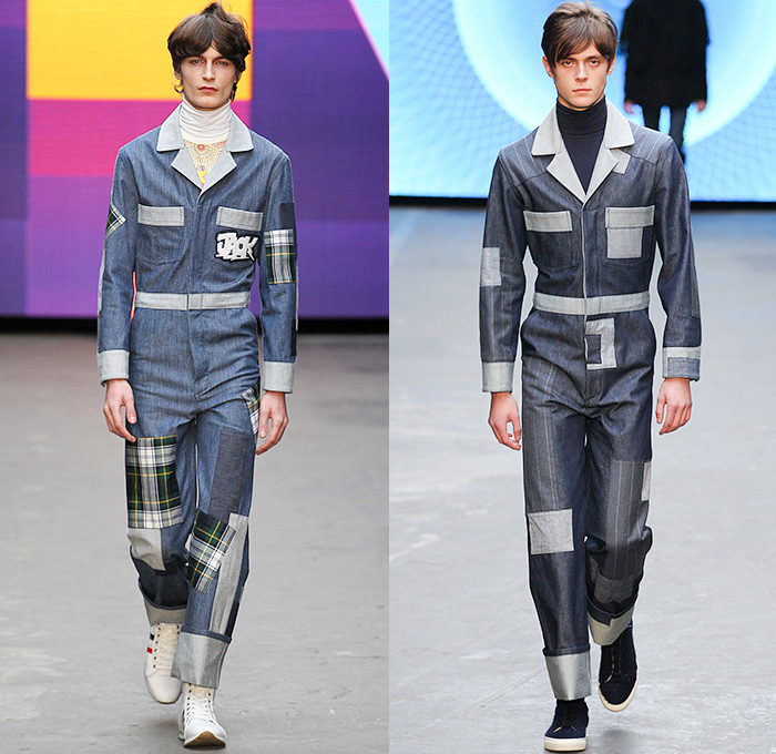 Topman Design 2015-2016 Fall Autumn Winter Mens Runway Catwalk Looks - London Collections: Men British Fashion Council UK United Kingdom - Denim Jeans 1970s Seventies Tartan Plaid Furry Oversized Coat Jumpsuit Patchwork Turtleneck Pinstripe Stars Psychedelic Rock Hippie Outerwear Blazer Parka Hoodie Onesie Jumpsuit Aviator Suit Coveralls Bombay City Rollers Bowling Shoes Mod Ombre Bell Bottom Flare Evel Knievel