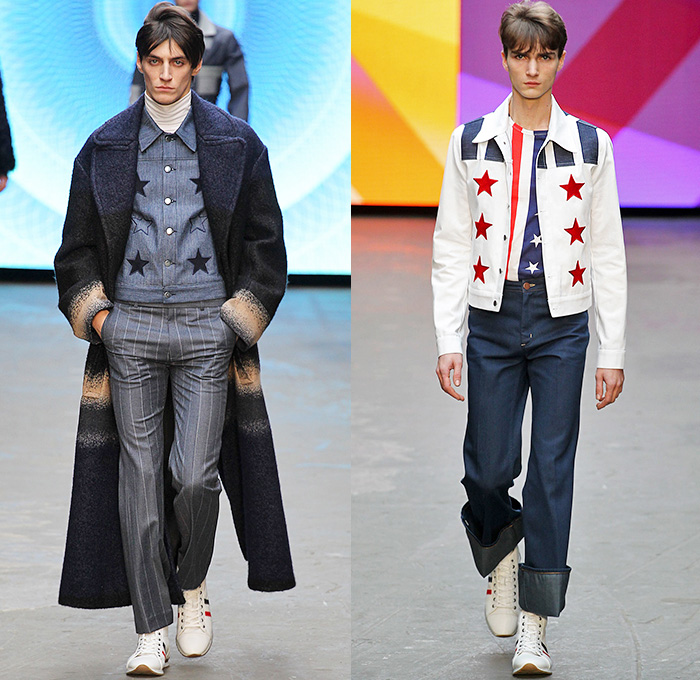 Topman Design 2015-2016 Fall Autumn Winter Mens Runway Catwalk Looks - London Collections: Men British Fashion Council UK United Kingdom - Denim Jeans 1970s Seventies Tartan Plaid Furry Oversized Coat Jumpsuit Patchwork Turtleneck Pinstripe Stars Psychedelic Rock Hippie Outerwear Blazer Parka Hoodie Onesie Jumpsuit Aviator Suit Coveralls Bombay City Rollers Bowling Shoes Mod Ombre Bell Bottom Flare Evel Knievel